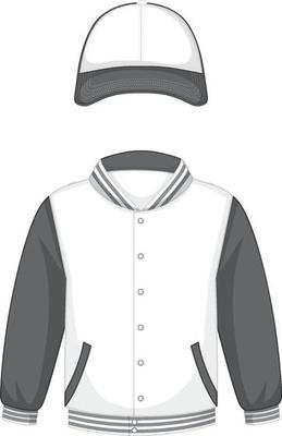 Front of basic white and grey bomber jacket and cap isolated