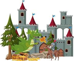 Los caballeros luchan con el dragón en el castillo. vector