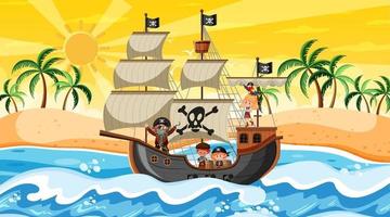 playa al atardecer escena con niños piratas en el barco