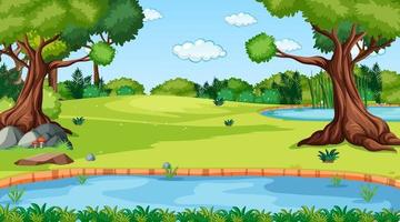 Nature forest landscape at daytime with river flowing through forest vector