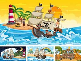 Different scenes with pirate ship at the sea and animals in the zoo vector