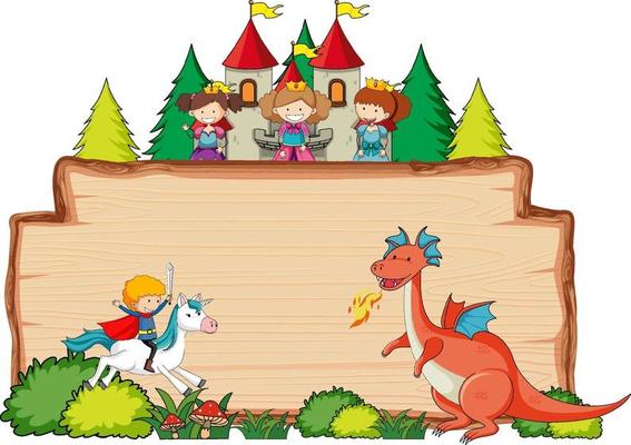 Blank wooden banner with fantasy cartoon character isolated