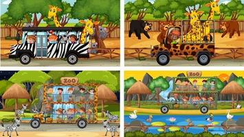 Conjunto de diferentes animales en escenas de safari con niños. vector