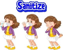 Sanitize font in cartoon style with girl wearing medical mask vector