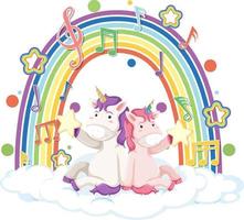 dos unicornios sentados en una nube con arco iris y símbolo de melodía vector
