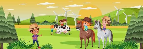 Panorama de la escena del paisaje con muchos niños y animales de granja en la pradera vector