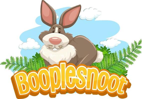Cute rabbit cartoon character with Booplesnoot font banner isolated