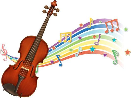 Violin with melody symbols on rainbow wave