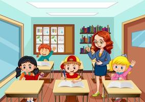 Teacher teaching students in the classroom scene vector