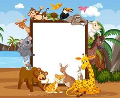 Empty wooden frame with various wild animals in the forest vector