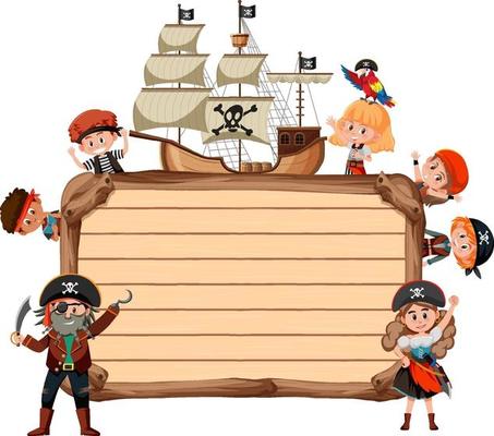 Empty wooden board with many pirate kids cartoon character