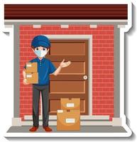 A sticker template with delivery man in uniform holding boxes vector