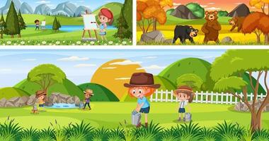 conjunto de paisaje panorámico al aire libre con personaje de dibujos animados vector