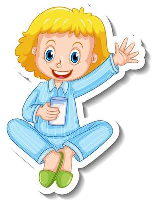 Sticker template with a little girl in pajamas costume isolated