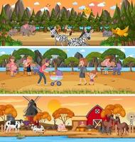 Different panoramic nature landscape set with cartoon character vector