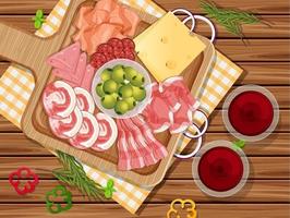 Platter of cold cuts and smoked meat on the wooden table background vector