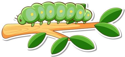 personaje de dibujos animados de gusano verde en una etiqueta de rama vector