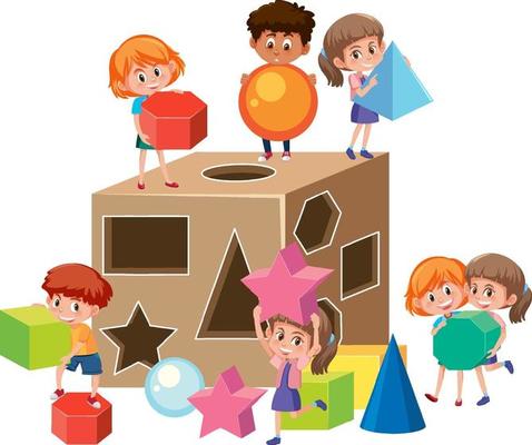 Cartoon character of many children playing with shapes toy