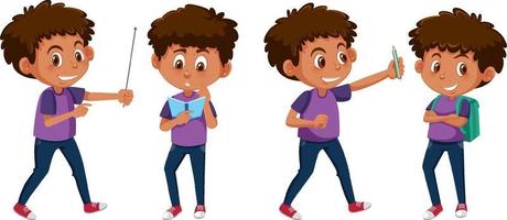 conjunto de un personaje de dibujos animados de niño haciendo diferentes actividades vector