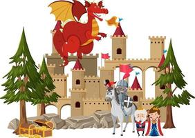 Los caballeros luchan con el dragón en el castillo. vector