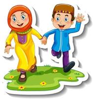 una plantilla de pegatina con un par de personajes de dibujos animados de niños musulmanes vector