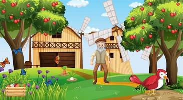 Farm scene with old farmer man and farm animals vector