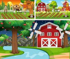 Different farm scenes with farm animals cartoon character vector