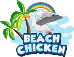 Seagull bird cartoon character with Beach Chicken font banner isolated vector