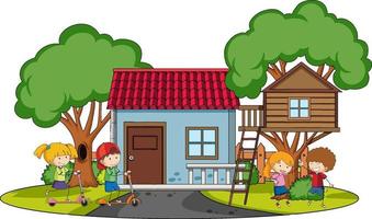 Front view of mini house with many kids on white background vector