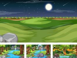 Different nature scenes of forest and rainforest with wild animals vector