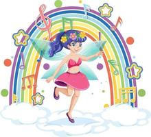 Beautiful fairy standing on a cloud with rainbow vector