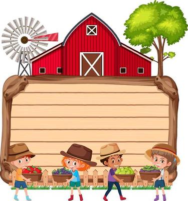 Empty wooden board with farmer kids and barn