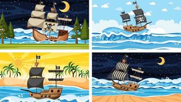 escenas oceánicas con barco pirata en estilo de dibujos animados vector