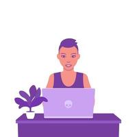 freelancer working with laptop, young girl with short haircut at work vector