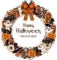 happy halloween wreath with gingerbread cookies, spiderwebs and bow vector