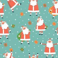 Seamless Christmas pattern with Santa snow presents and bags. vector