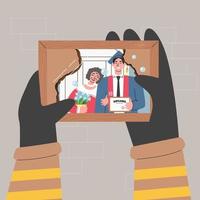 Fireman hands holding burnt family photo and cry vector