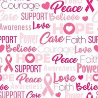 Pink seamless pattern with wordclouds and text about breast cancer. vector