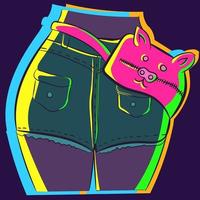 Neon illustration of a female in short blue jeans wearing a fanny pack vector
