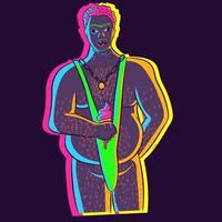Neon illustration of a gross fat man eating a melting ice cream. vector