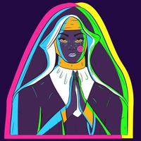 Neon illustration of a praying nun with a big hairy mole on her face vector