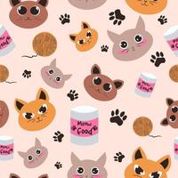 Feline seamless pattern with different cat heads and expressions. vector