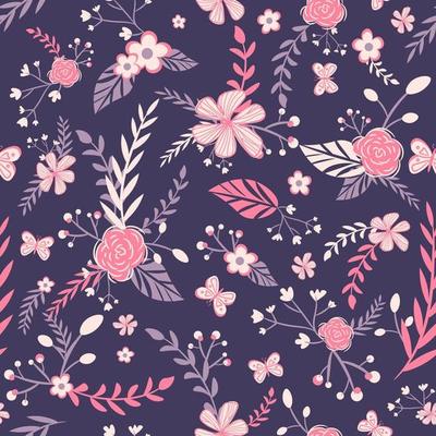 Baroque seamless pattern with pink and violet flowers
