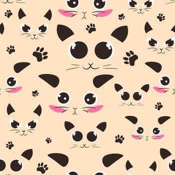Kawaii seamless pattern with cat heads with different expressions. vector