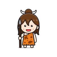 Cute primitive cave girl holding spear cartoon icon illustration vector