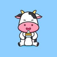 Cute cow holding milk bottle pacifier cartoon icon illustration vector