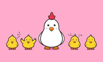 Cute chicken with chicks cartoon icon illustration vector