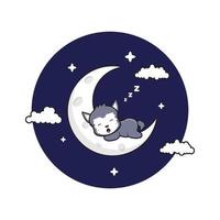 lindo lobo durmiendo en la luna creciente icono de dibujos animados ilustración vector