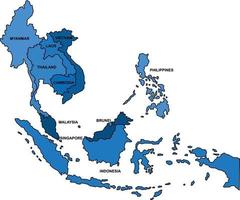 Mapa de contorno azul del sudeste asiático sobre fondo blanco.