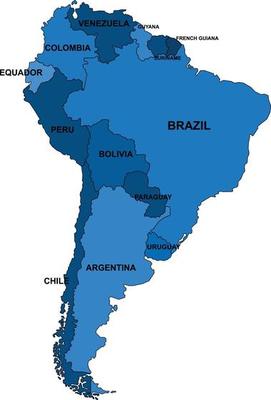 Blue outline South America map on white background.